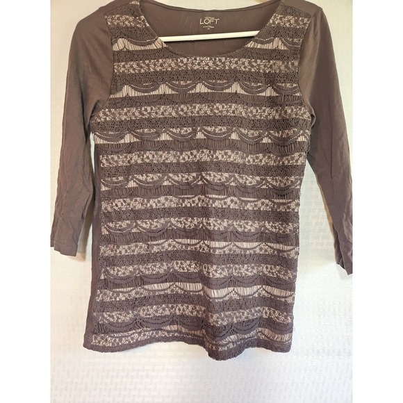 Ann Taylor Tops - Ann Taylor Loft Women's XS Lace Brown Stripe 3/4 Sleeve Blouse Boho‎ Lightweight